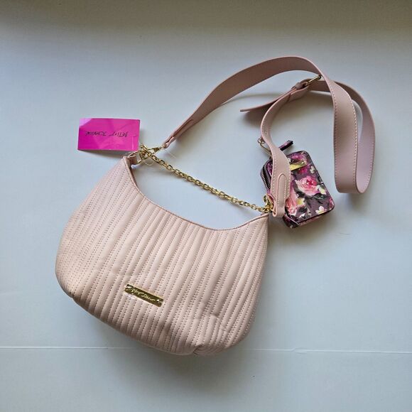 Betsey Johnson Hobo Crossbody Quilted Hangoff Chain Floral Pouch Purse XODALTON - Picture 1 of 3